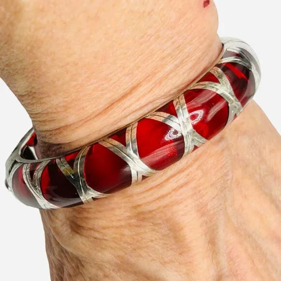 Angelique de Paris Red Resin Sterling Overlay Hinged Bangle Bracelet